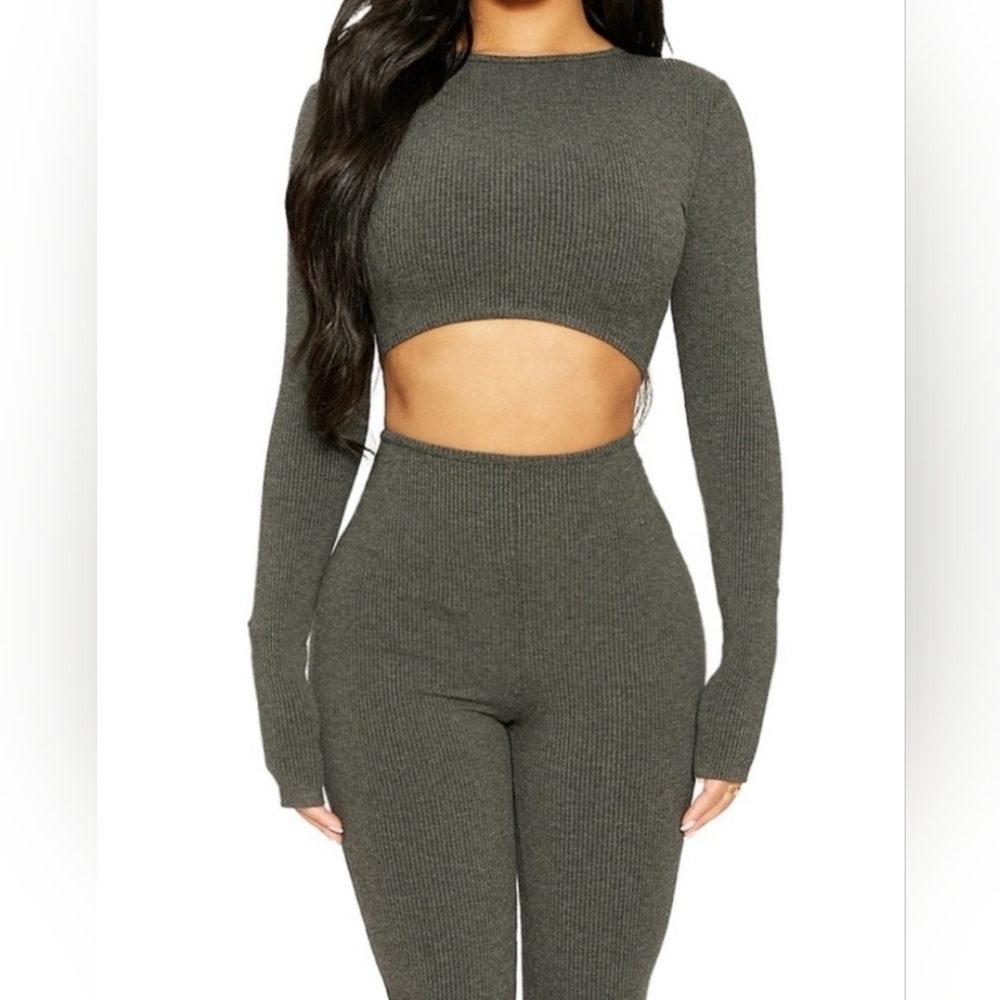 Naked Wardrobe Grey Ribbed Cutout Jumpsuit Size S